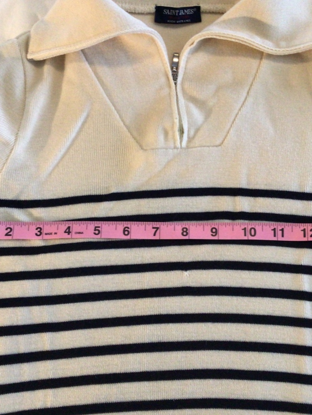 Saint James - Pure wool striped navy blue and cream quarter-zip sweater size 38 - Picture 14 of 16